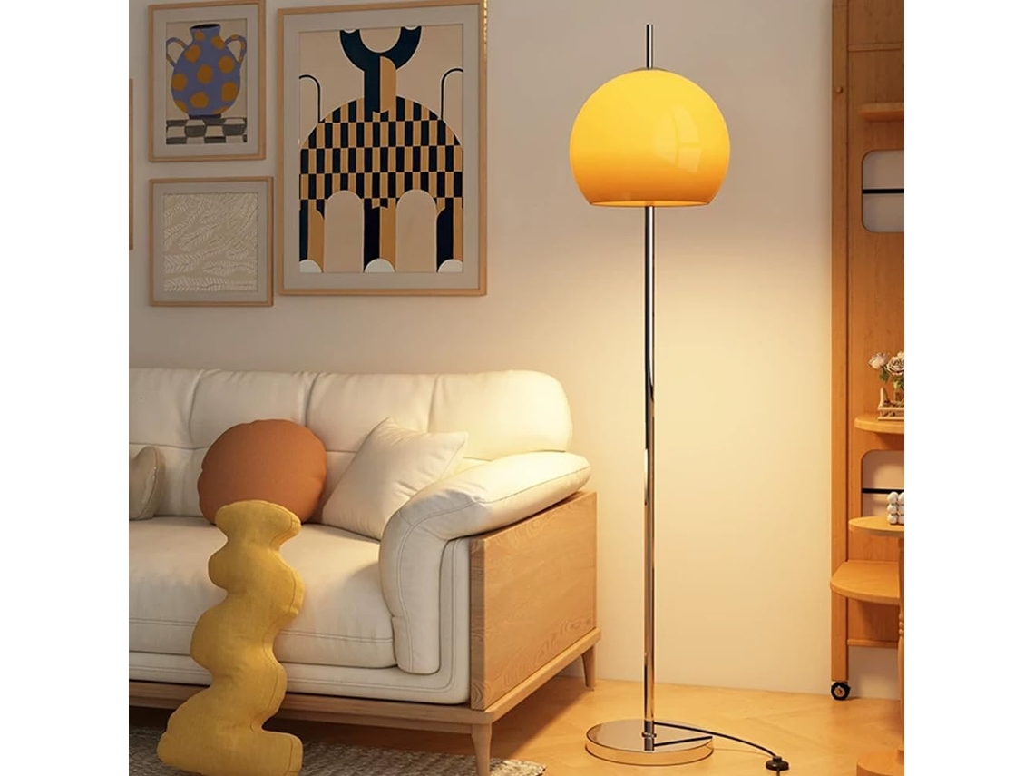 Luminária De Chão Nórdica 160cm Com Globo Vidro Laranja E Prata, Soquete E26, Dimerizável, Com Interruptor De Pé Em