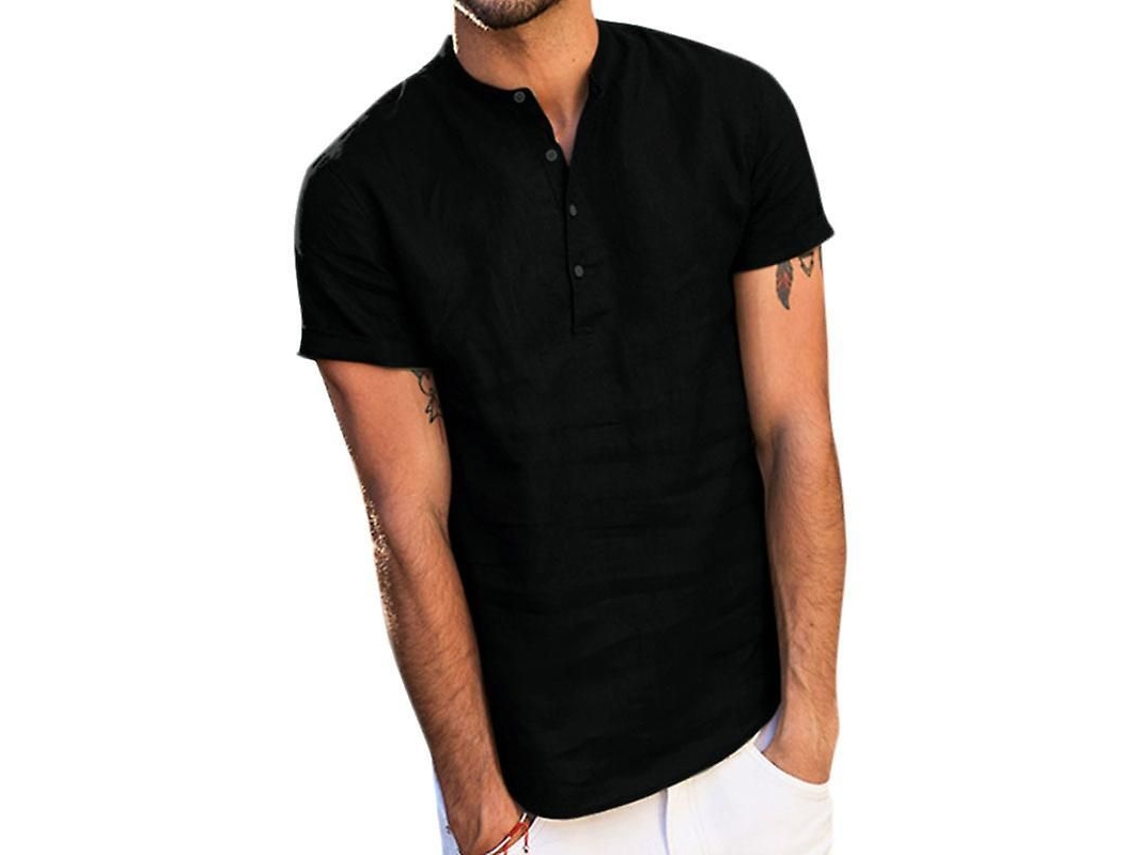 Camisa Henley Masculina De Linho Com Manga Curta Camiseta Casual Verão Camisola Top Preto