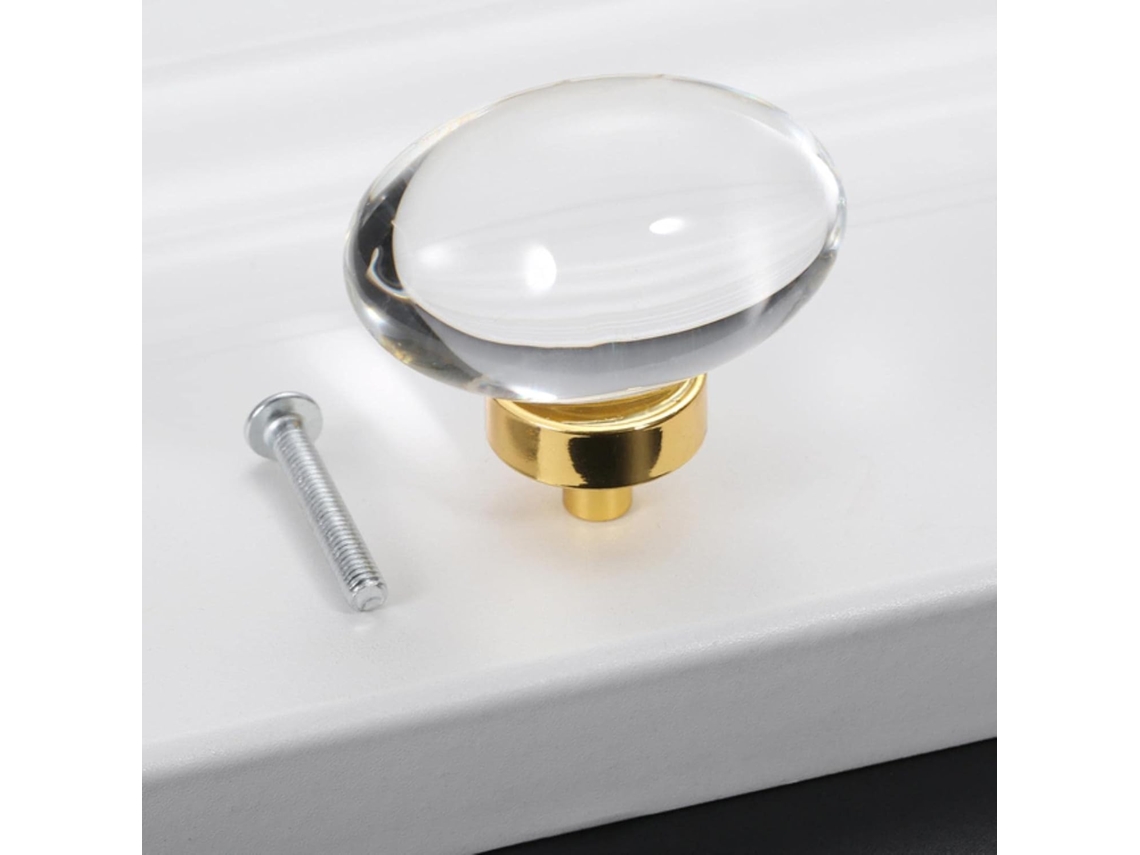Conjunto De 4 Puxadores Cristal Transparente Em Formato Ovo Pombo Para Armário Cozinha, 45mm, Com Parafuso, Base Dourada