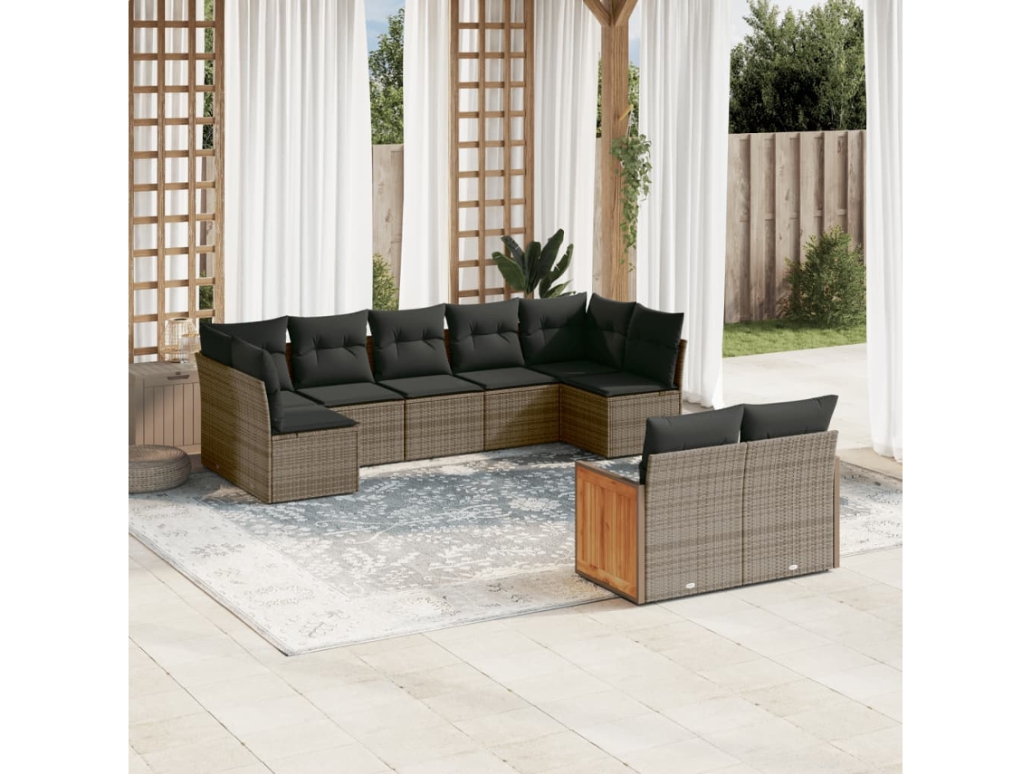 Vidaxl 9 Pcs Conjunto Sofás P/ Jardim Com Almofadões Vime Pe Cinzento