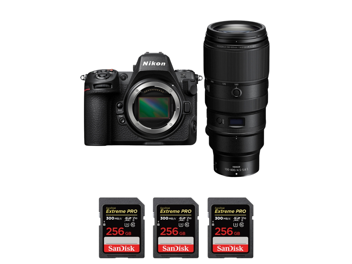 Z8 + Z 100 400mm F/4.5 5.6 Vr S + 3 Sandisk 256gb Uhs ii 300mb/s Máquina Fotográfica Híbrida Full frame + Ebook Pricedirect NIKON