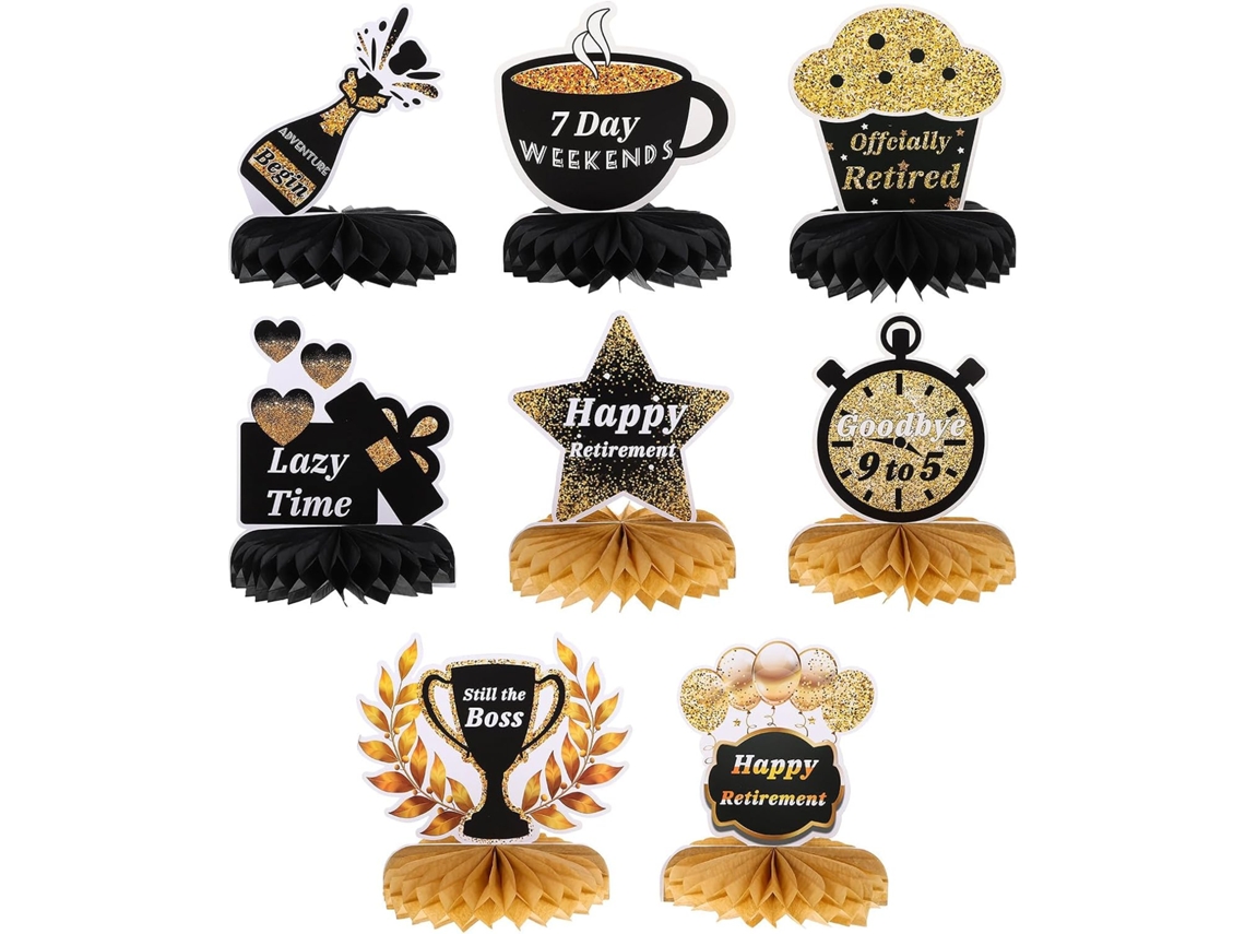 Conjunto 8 Peças Decoração Papel Formato Cores Preto Dourado Ideal Festas Aposentadoria Perfeito Ambientes GOKOCO