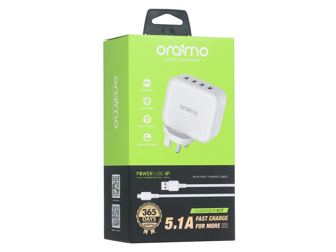 Cargador Oraimo Powercube Uk De 4 Puertos De Alta Velocidad Kit