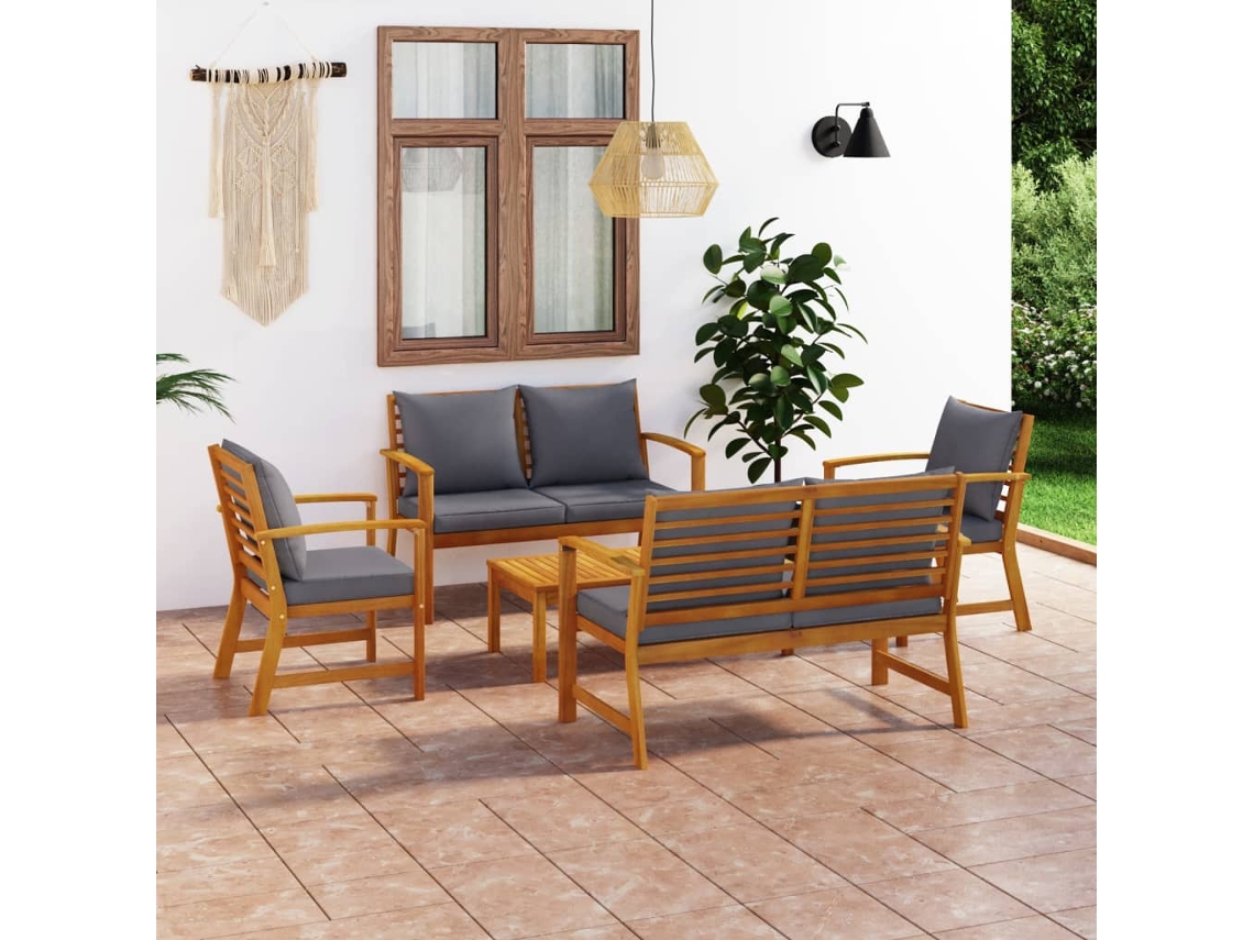 Vidaxl 5 Pcs Conjunto Lounge De Jardim C/ Almofadões Acácia Maciça