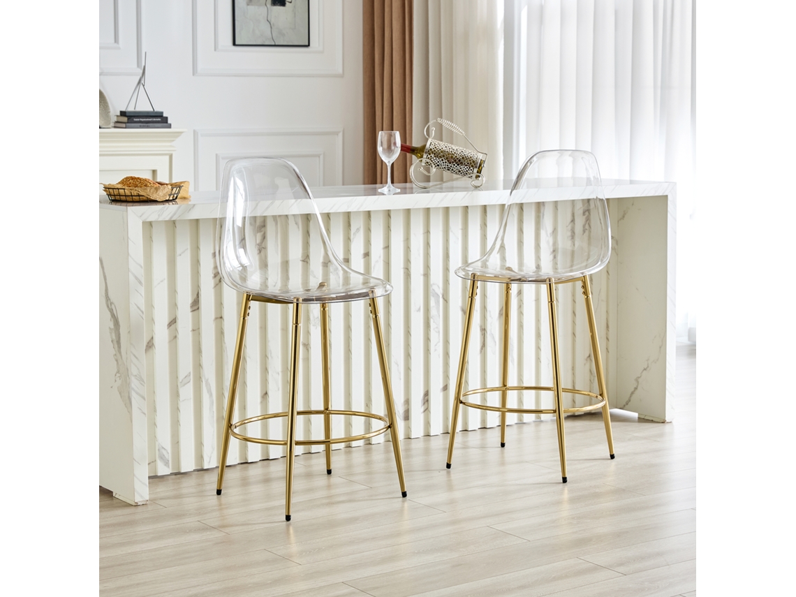 Conjunto 2 Banquetas Bar Transparentes Design Flutuante Pés Dourado