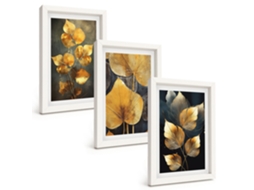 Conjunto De Quadros Com Moldura Folhas, Amarelo, Fundo Escuro Moldura Branca Fotos Para O Escritório Espelharte (3 Peças 20x30 Cm)