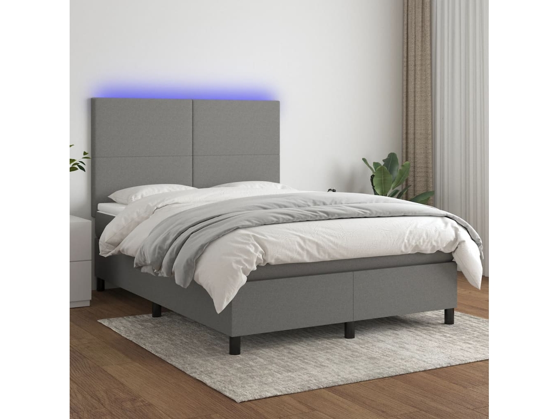 Vidaxl Cama Box Spring C/ Colchão E Led 140x190 Cm Tecido Cinza-escuro