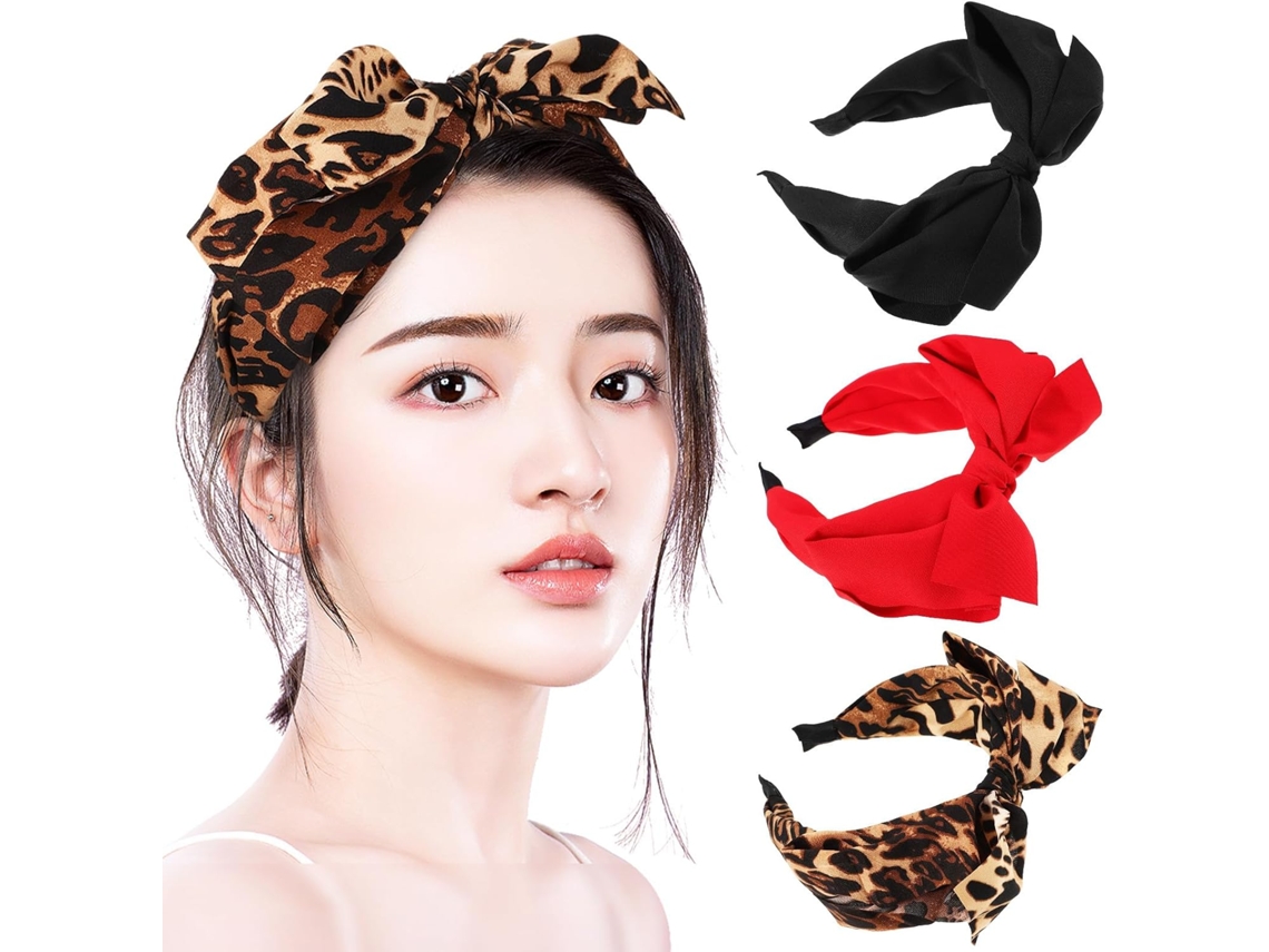 Conjunto De 3 Faixas De Cabelo Com Nó E Estampa De Leopardo Nas Cores Cáqui, Preto E Vermelho - Acessórios Leves