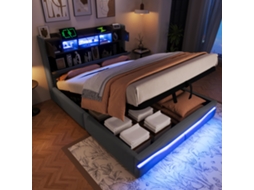 Cama estofada 140x200 cm com USB-C, faixa de LED, cabeceira com espaço de armazenamento, compartimento hidráulico, cinza VSOGA