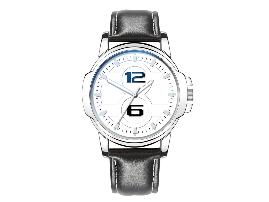 Relógio de pulso masculino analógico de quartzo com pulseira de couro e mostrador redondo preto e branco.