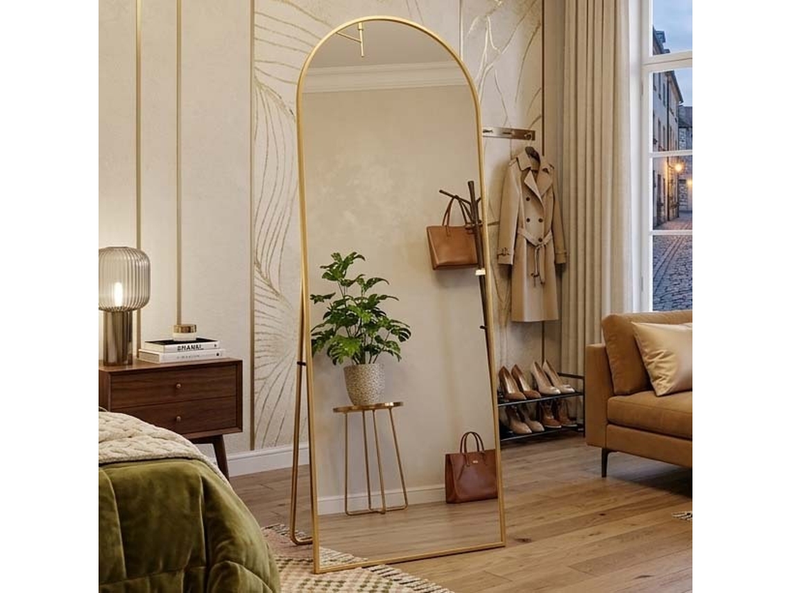 Espelho de Corpo Inteiro Arco em Vidro Temperado e Alumínio com Suporte Ajustável Estilo Moderno para Quarto e Sala, Dourado, 162x53 Cm LAZYSPACE