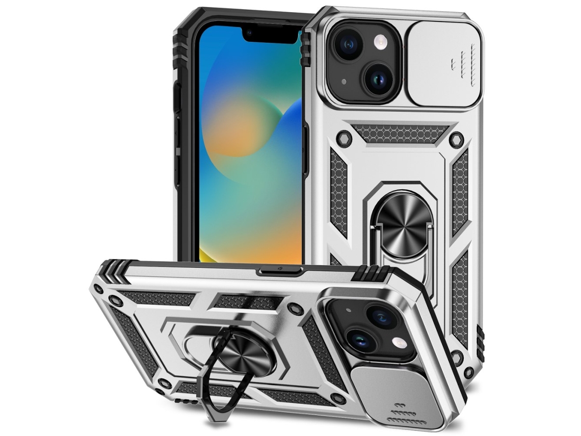 Suporte Casa Slide Câmara Para Iphone 15 Plus Pele Sintética Prateado