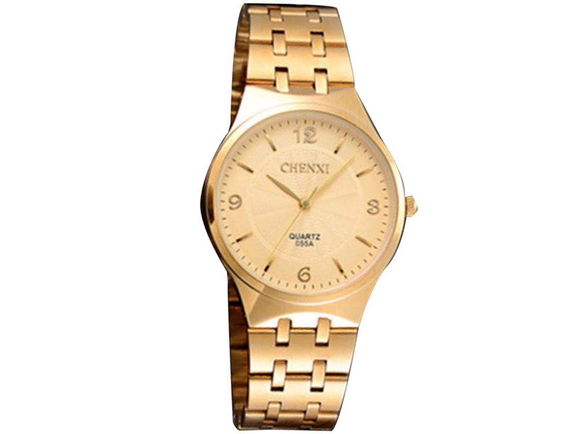 Relógio de pulso de quartzo para homens e mulheres, estilo casual, resistente à água, aço dourado.