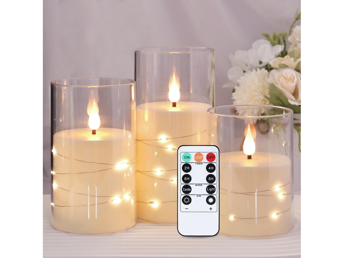 Jogo de 3 velas LED com timer remoto, luz integrada, sem chama ZYBLSSBB