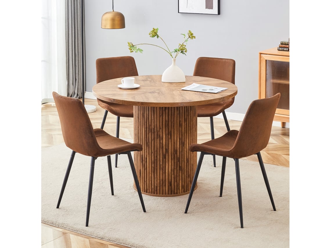 Mesa De Jantar Redonda Mdf 100cm Nogueira + 4 Cadeiras Couro Preto Pu. Conjunto Clean, Residência E Hóspedes, Design Moderno. Cs