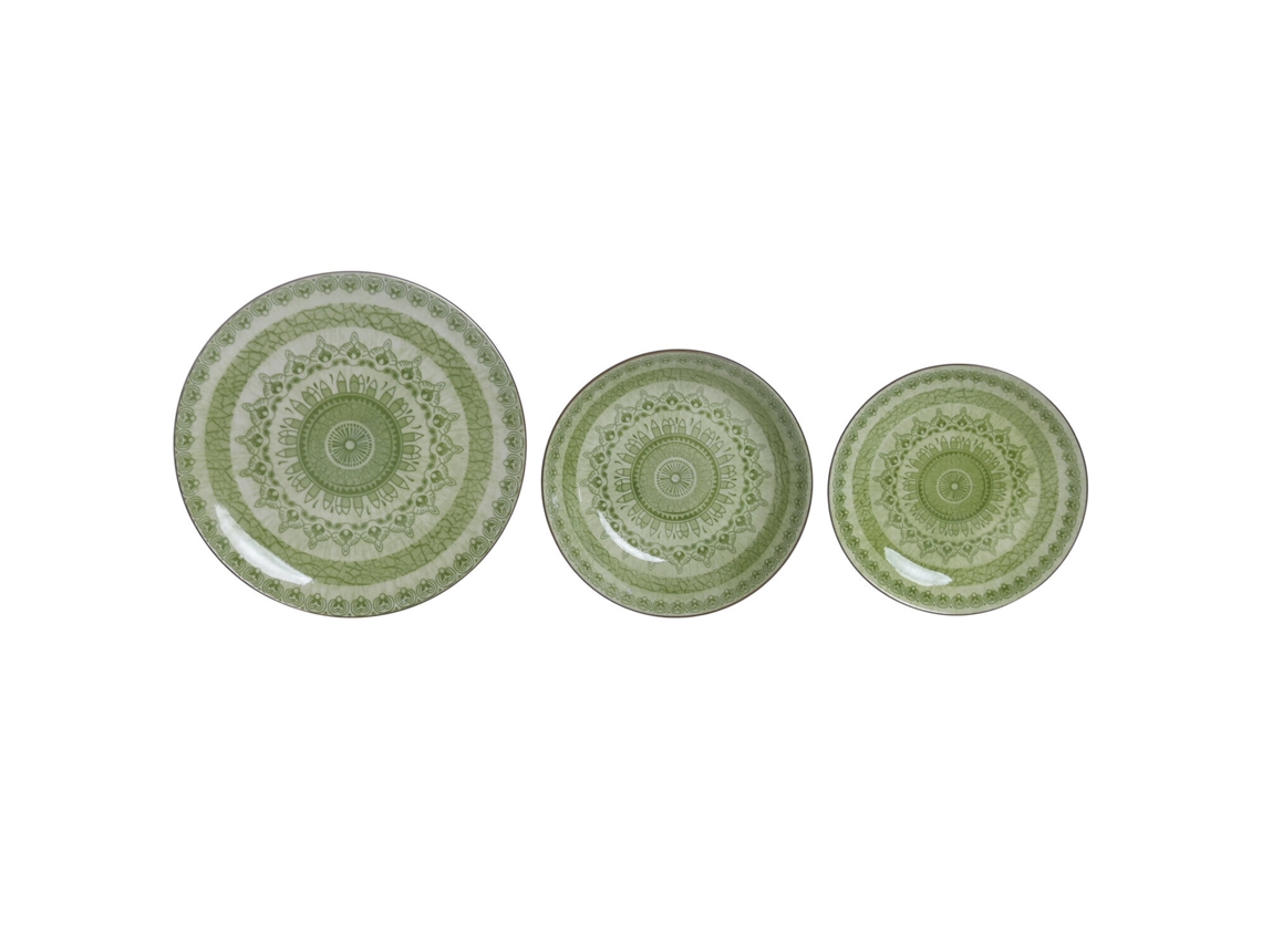 Conjunto de 18 Peças de Porcelana Verde com Mandala para Jantar, Medindo 27x27x2,5cm. ALEXANDRA HOUSE LIVING