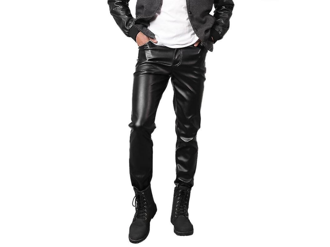 Calça masculina Rebe em couro sintético elástico com bolsos laterais e traseiro de alta qualidade, cinto slim, tamanho 32 (EU), preta.