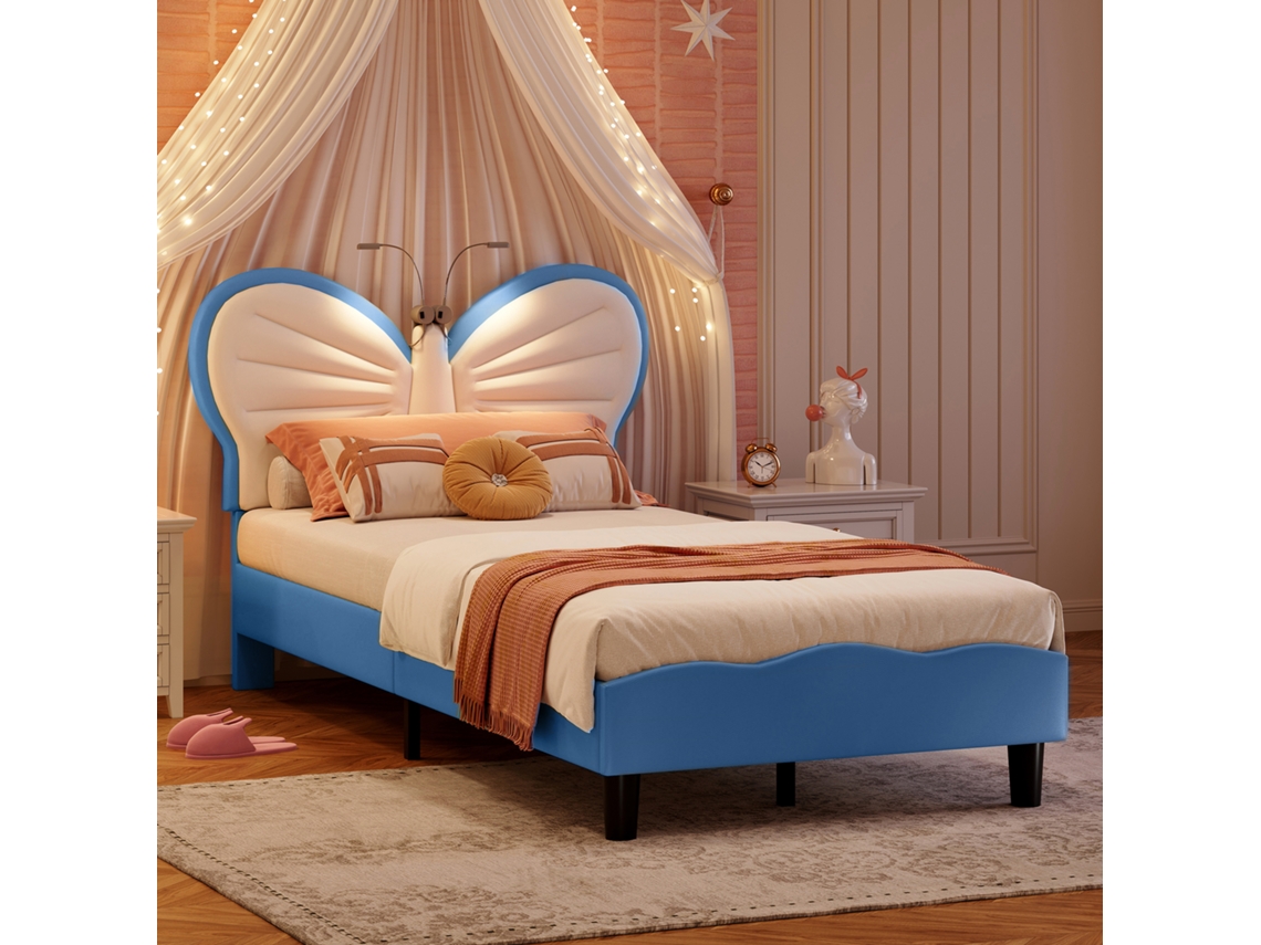 Cama Infantil Estofada 140x200 com Cabeceira de Princesa Veludo com Led Sem Colchão BURSDANY