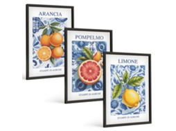 Composição De Quadros Na Parede Frutas Cítricas Vintage Ilustrações Moldura Preta Fotos Para O Escritório Espelharte (3 Piezas De 40x60 Cm)