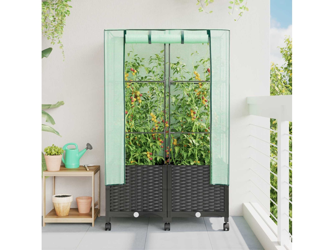 Vidaxl Jardineira Com Cobertura De Estufa E Rodas 2 Unid. Preto Pp