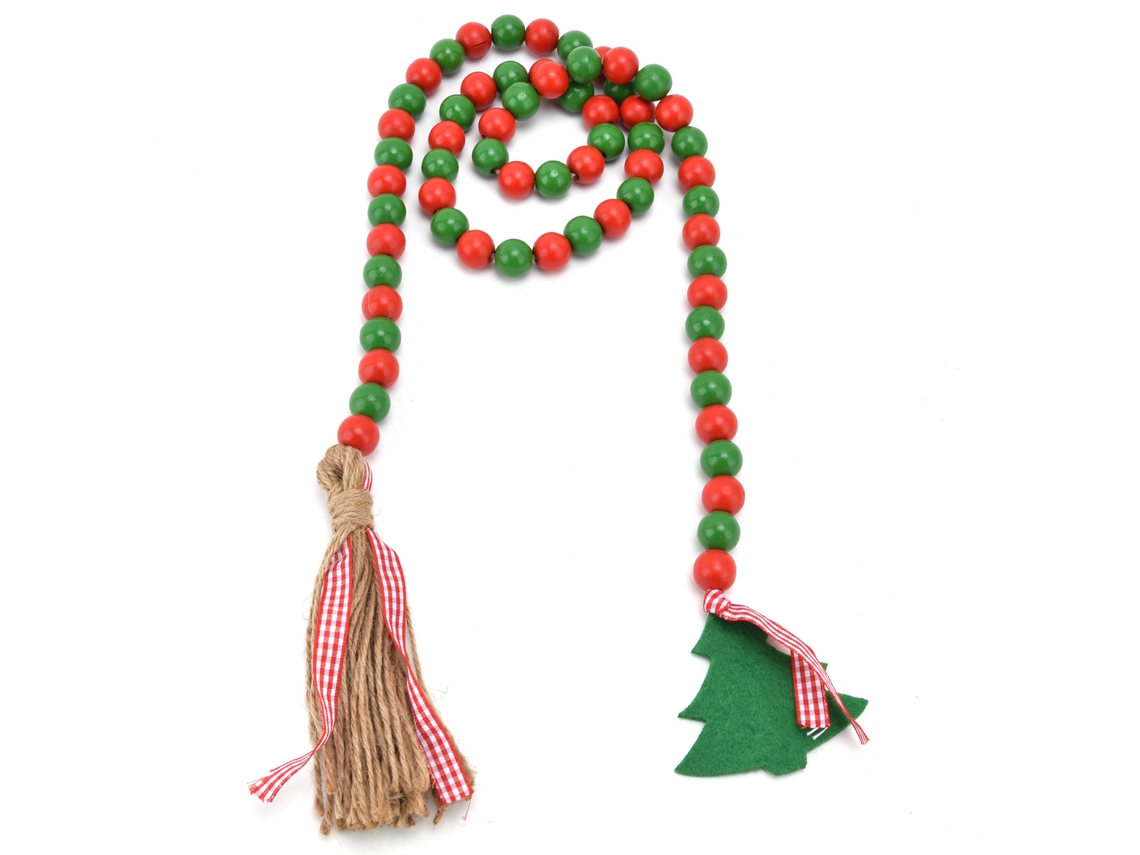 Guirlanda de Contas de Madeira com Tassel para Decoração de Natal e Casa em Vermelho e Verde S/MARCA