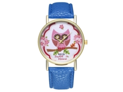 Relógio de pulso de quartzo com pulseira de PU e estampa de desenho animado azul royal.