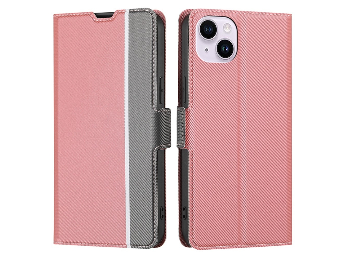Capa Para Iphone 15 Plus Pele Sintética Anti-riscos Com Porta-cartões Rosa