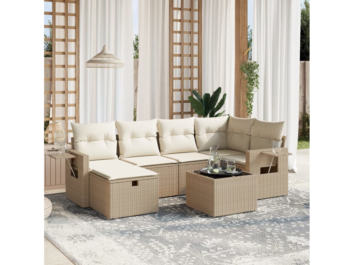 Vidaxl 7 Pcs Conjunto De Sofás P/ Jardim Com Almofadões Vime Pe Bege