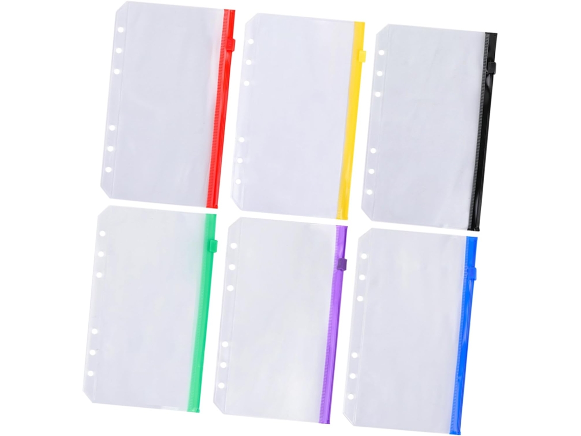 Conjunto De 6 Pastas Com Zíper E Furos, Nas Cores Marrom, Vermelho, Roxo, Verde, Amarelo E Azul Feitas Em Pvc Fosco