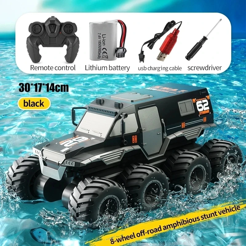 Carro de Acrobacias Anfíbio Off road com Controle Remoto, Caminhão de Corrida de Alta Velocidade com 8 Rodas, À Prova D'água MDUG (preto)