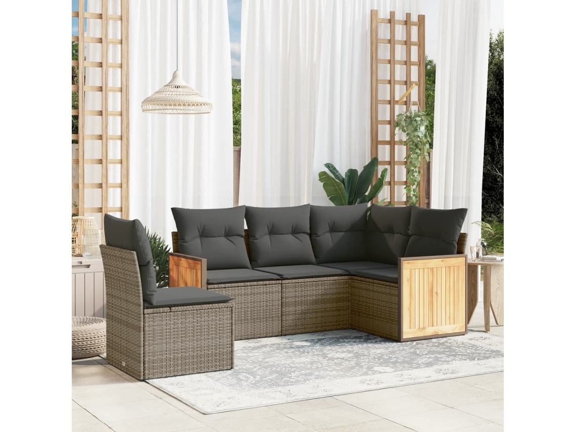 Vidaxl 5 Pcs Conjunto Sofás De Jardim C/ Almofadões Vime Pe Cinzento