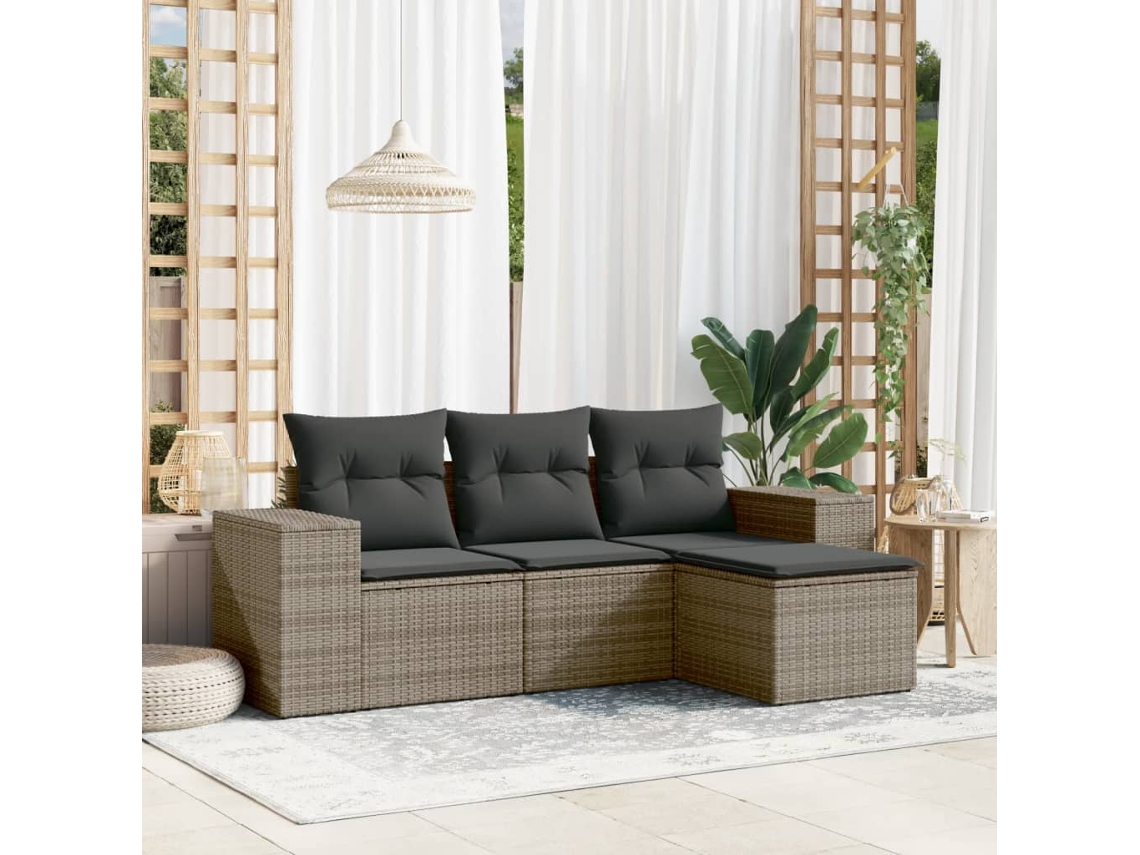 Vidaxl 4 Pcs Conjunto Sofás De Jardim C/ Almofadões Vime Pe Cinzento