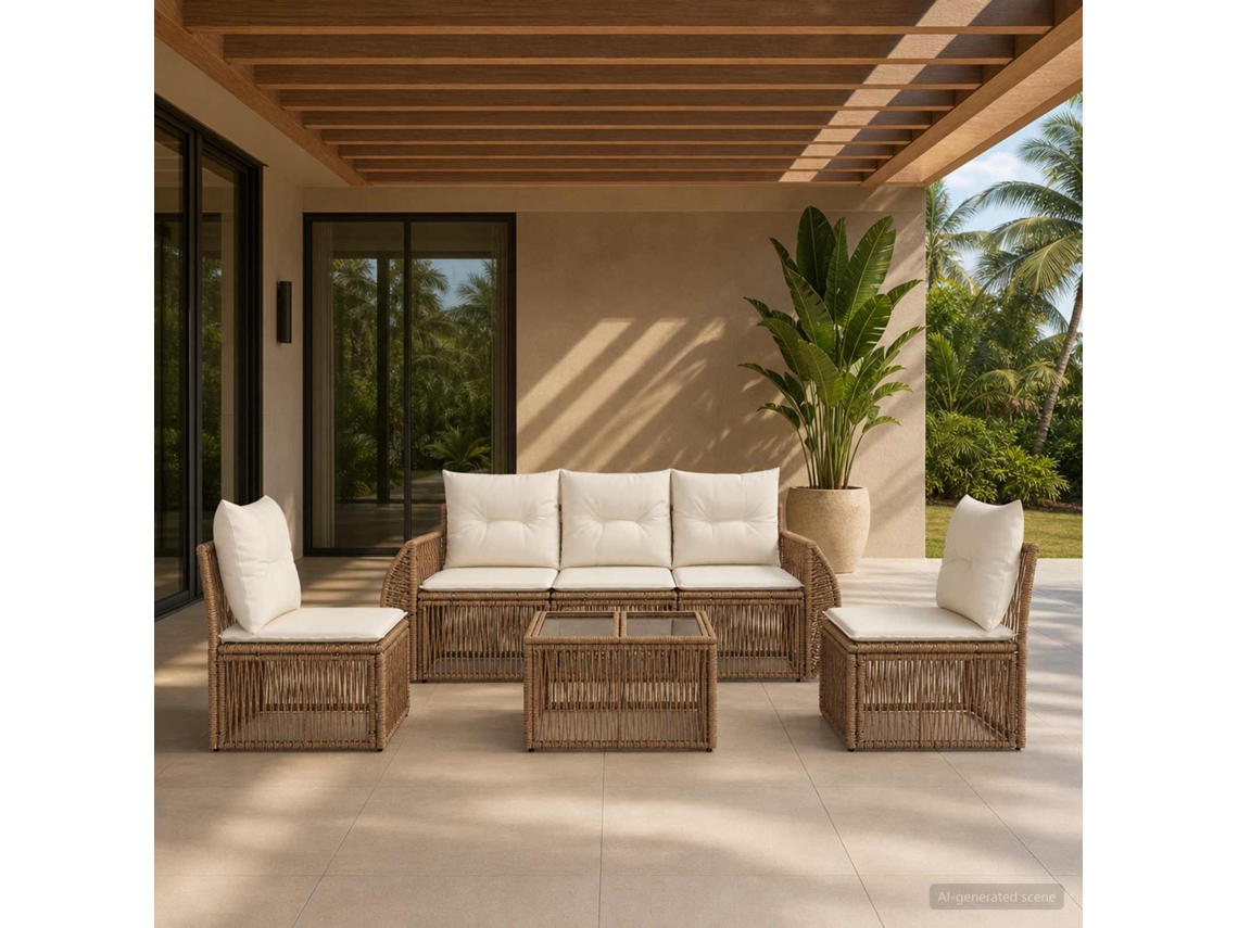Vidaxl Conjunto De Sofá De Jardim 6 Unid. Bege E Branco Creme Vime Pe