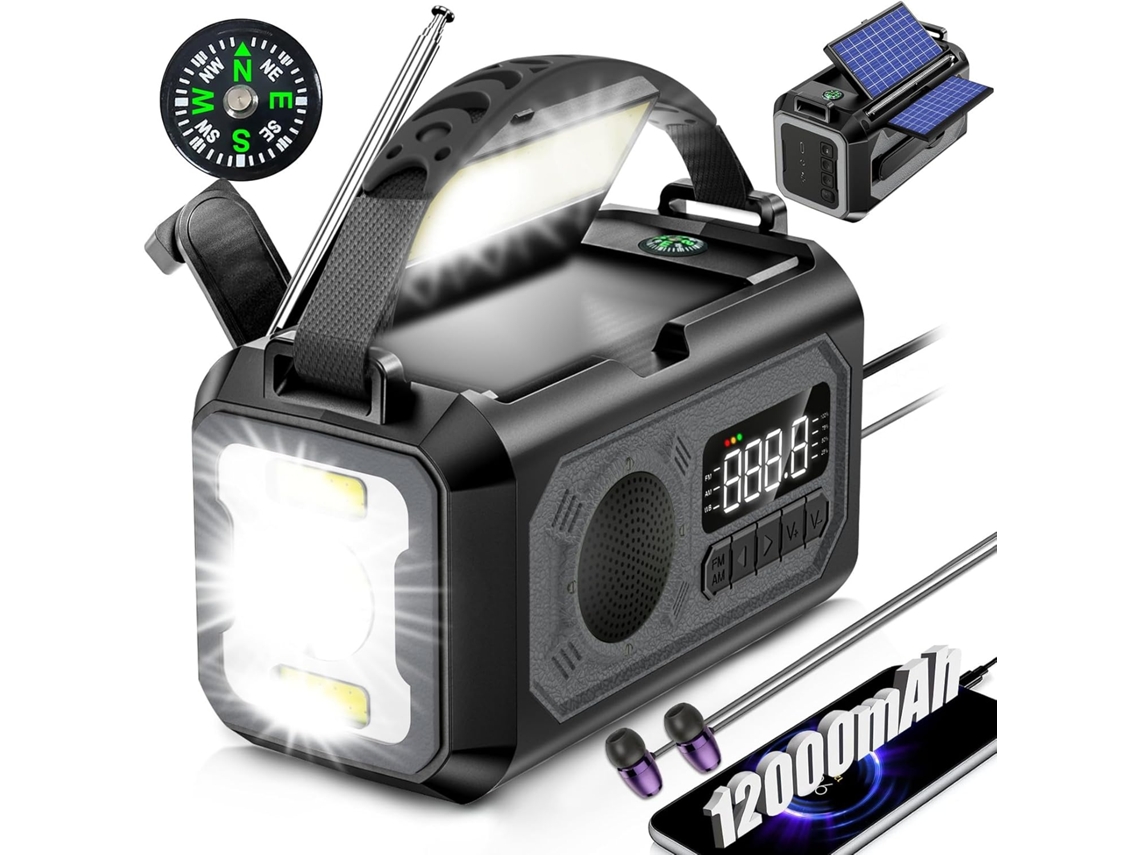 Rádio Meteorológico de Emergência com Manivela, Lanterna, Alarme Sos, Bússola e Luz de Leitura para Uso Externo AQUAFORGE