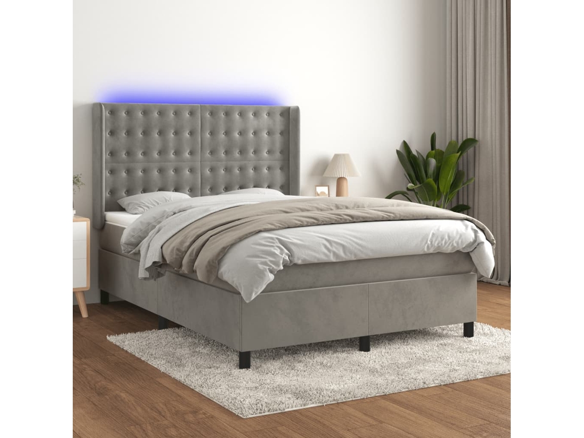 Vidaxl Cama Box Spring C/ Colchão/led 140x190 Cm Veludo Cinzento