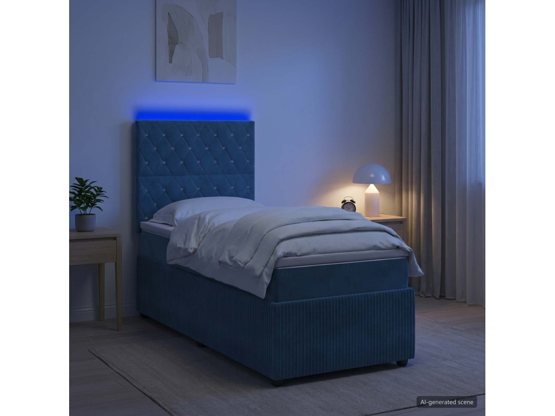 Vidaxl Cama Box Com Led E Colchão Azul 90 X 190 Cm Veludo