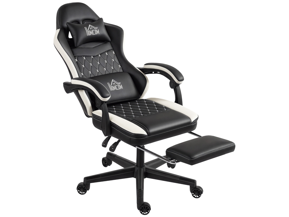 Cadeira Gamer Preto+branco, Apoio Pé/cabeça, Couro Sintético, Giratória E Ajustável