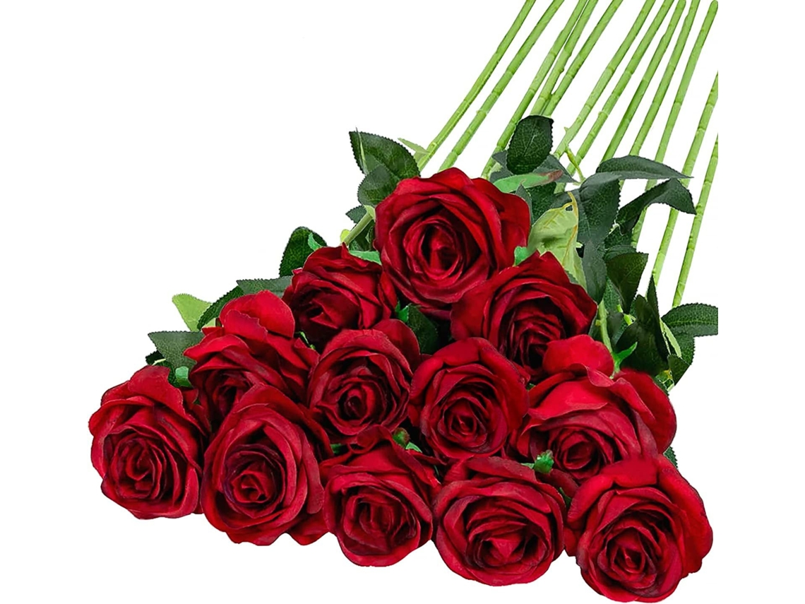 10 Unidades de Rosas Vintage Vermelhas, Imitação de Rosa Haste Única em Tecido Seda BRILVIBERA
