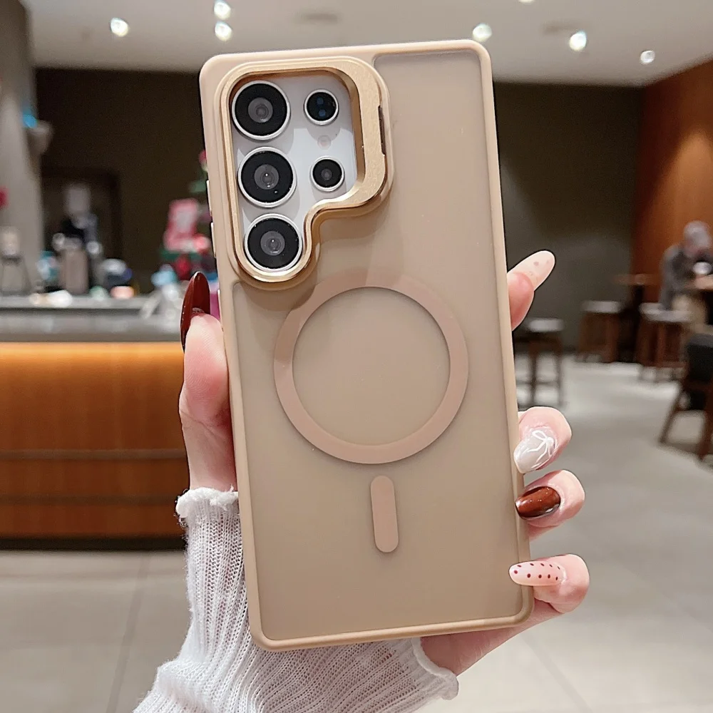 (marrom, Galaxy S24 Ultra) Capa Fosca Para Celular Com Suporte Magnético De Metal Para Lente, Material Acrílico Tpu