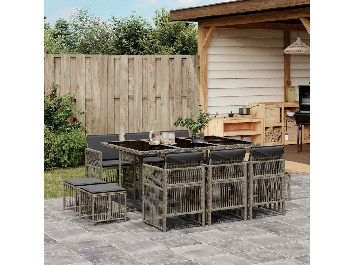 Vidaxl 11 Pcs Conjunto Jantar P/ Jardim C/ Almofadões Vime Pe Cinzento