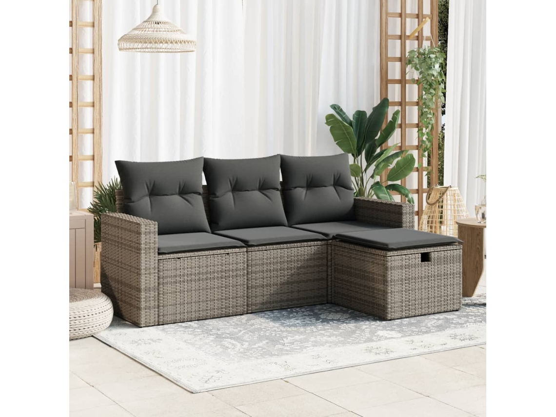 4 Pcs Conjunto Sofás De Jardimconjuntos Relax Jardimconjunto De Jantar C/ Almofadões Vime Pe Cinzento Cfw377035 Lovely Home