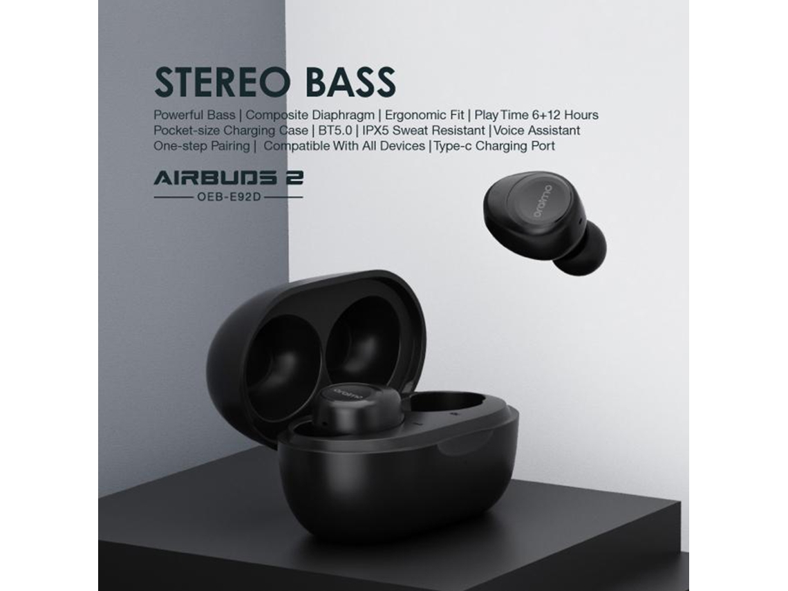 Fones Bluetooth Oraimo Airbuds 2 com estojo de 400mAh e Bluetooth 5.0