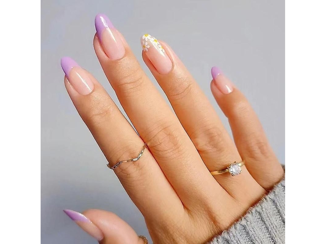 Dicas de Unhas Falsas Artificiais Florais Roxo Claro Branco Longas Removíveis Diy 24pcs