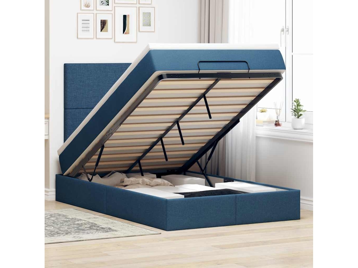 Vidaxl Estrutura De Cama Otomana Com Colchão 120x190 Cm Tecido Azul