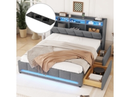 Cama Box 140x200 Cm Sem Colchão Led App Gavetas Tomadas Usb Linho Cinza