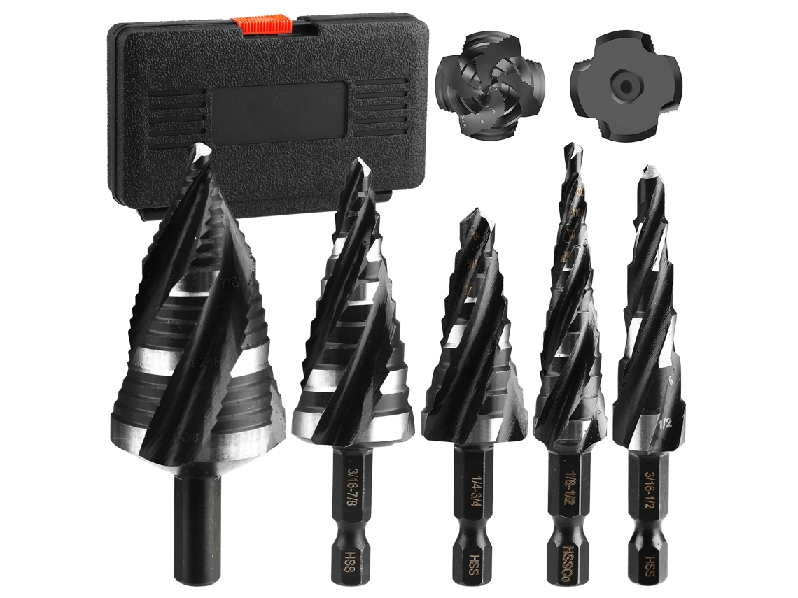 Conjunto de Brocas Escalonadasum Conjunto de 5 Brocas Escalonadas Espirais de Quatro Canais,adequadas para Aço Inoxidável, Alumínio, Madeira e Metal. X001