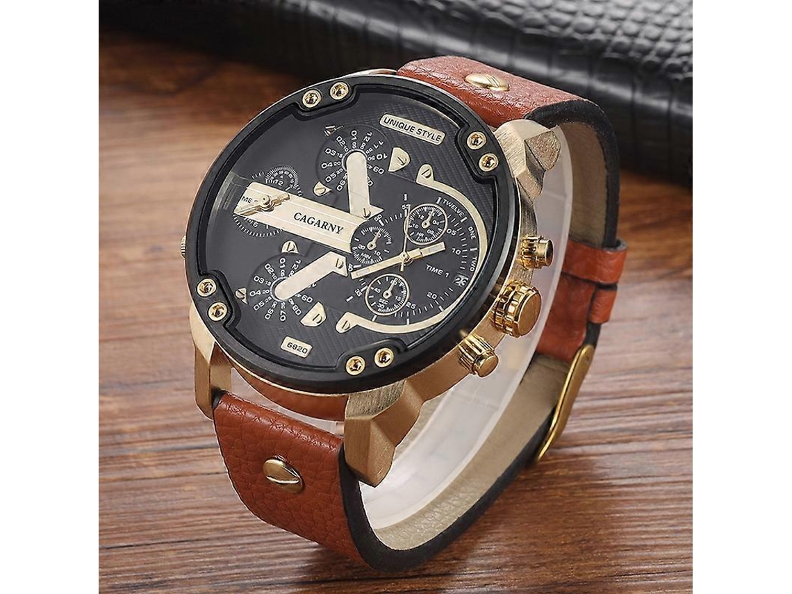 Relógio Masculino Cagarny 6820 Com Mostrador Redondo Grande, Pulseira De Couro E Movimento Duplo De Quartzo.
