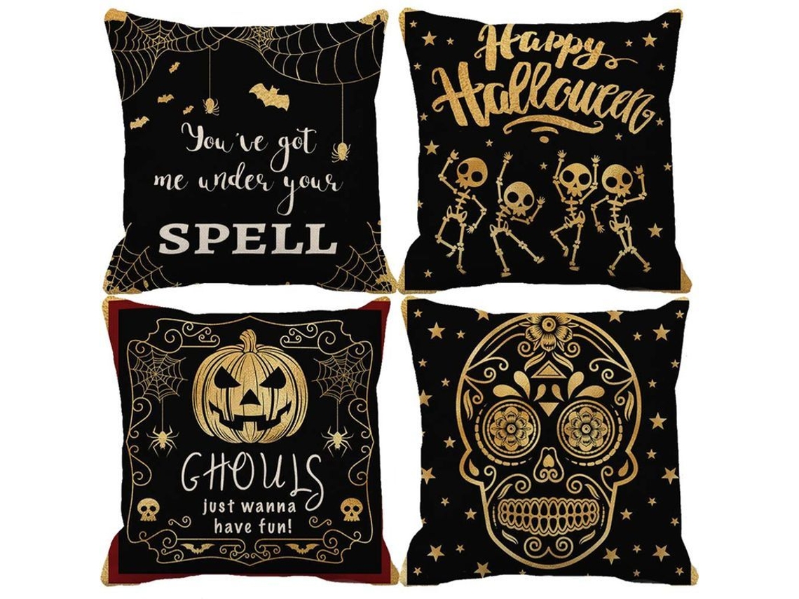 2026-funda De Almofada De Halloween 4 Pack Estilo Negro Con Frase Feliz Halloween 45x45cm (estrellas Doradas)