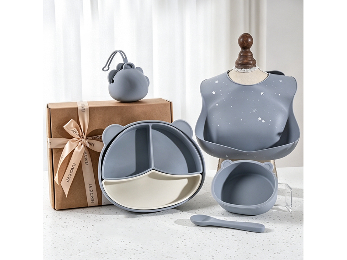 Conjunto de Alimentação para Bebé em Silicone - Prato Dividido + Taça + Colher em Silicone + Caixa Azul PANOONA (5 Peças)