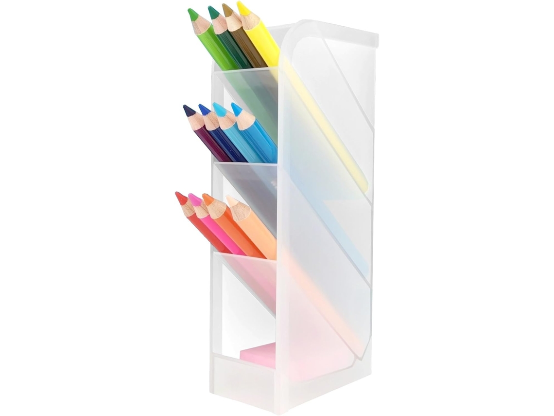 Organizador de Mesa com Porta, Canetas, Transparente, Branco, com 4 Compartimentos, para Escritório, Escola e Casa. Conjunto de 2 Peças BRILVIBERA